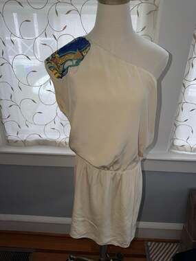 TIBI  Cream Silk One Shoulder Sequined Mini Dress Size 6